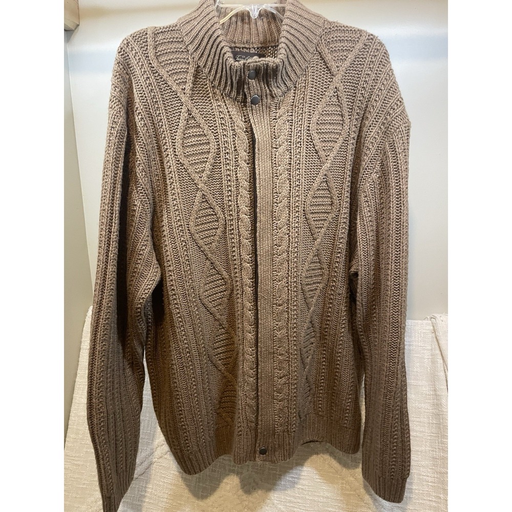 Tasso Elba Camel Lambswool Blend Cable Knit Full Zip Cardigan Sweater XXL Fisher